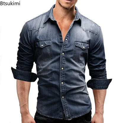 New 2025 Men's Denim Shirt Fashion Short Sleeve Soft Solid Slim Cowboy Tops Men Trend Streetwear Vintage Casual Cardigan T-shirt