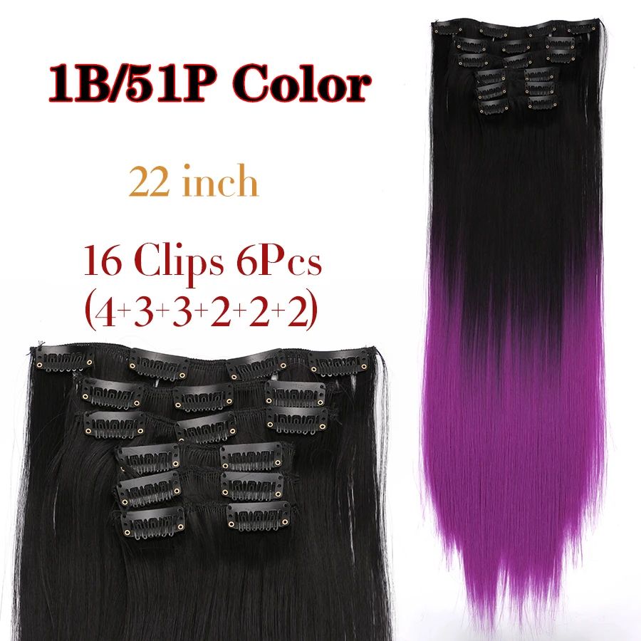 22 Polegadas Sintético Cabelo Liso Longo 16 Clipes 6 Peças/Conjunto Apliques de Cabelo Loiro Preto Resistente ao Calor Para Mulheres