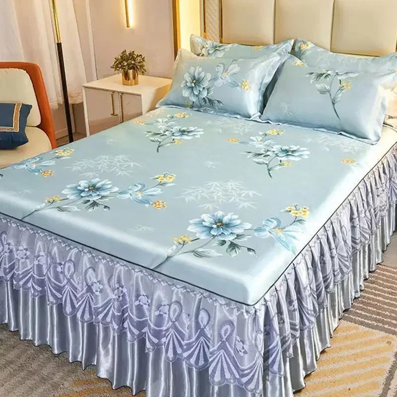 Kit 3 Peças de Lençol de Casal com Renda Clássica Azul Royal, Saia para Cama, Colcha de Casamento Lavável à Máquina, Capa de Colchão