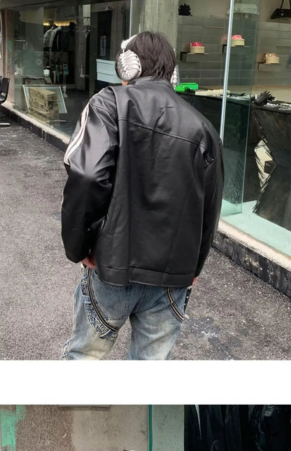 Retro Leather Jacket Men Women  American Patchwork Strip Racing Outerwear Loose Hip Hop Zippers Brown PU Coat Streetwear Spring