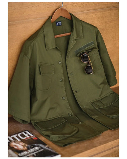 Maden Summer Vintage Four Pockets Short Sleeve Shirts for Men Cotton Green Loose Turn-down Collar Shirt Cargo Tops Male XL XXL