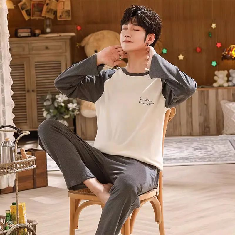 Cotton Pajamas Men Spring and Fall Long-Sleeved Long Pants Korean Version of the Loose Homewear Solid Sleepwear Loungewear Large