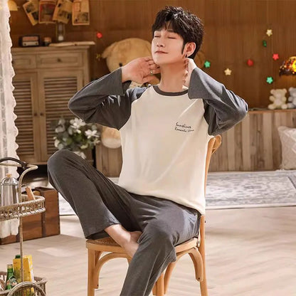 Cotton Pajamas Men Spring and Fall Long-Sleeved Long Pants Korean Version of the Loose Homewear Solid Sleepwear Loungewear Large