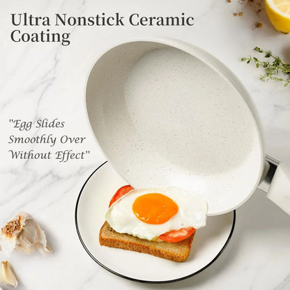 Ceramic Nonstick Frying Pan Set - White Pans With Lids, Induction Skillets for Eggs & Omelets, Healthy No Toxic Cookware,