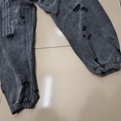 2025 Calças de Moletom NBHD Soltas Unissex de Alta Qualidade com Lavagem Pesada Retrô e Tinta Espirrada Calças de Pista Moletom Neighborhood