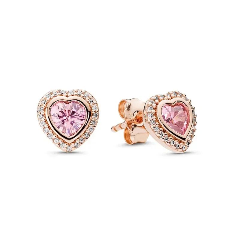 Novos brincos, anéis e colares em forma de coração em prata esterlina 925, conjunto de luxo rosa vermelho arco-íris, joias com pingentes brilhantes, presentes