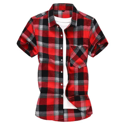 2025 new red summer men's shirts short-sleeved plaid fat big yards youth casual shirt.