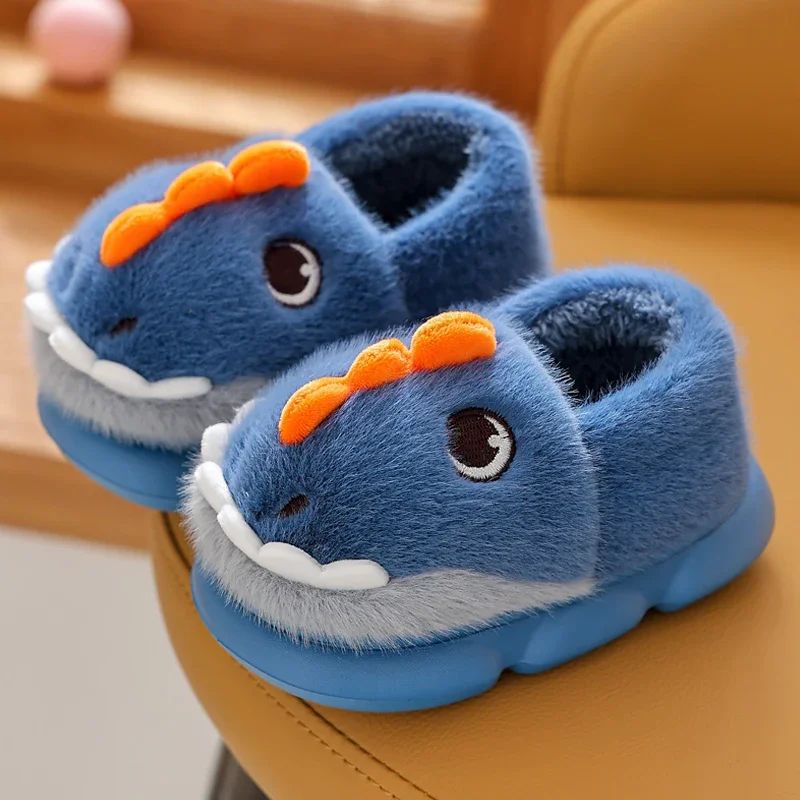 Cute Cartoon Dinosaur Children Plush Slippers Soft Sole Non-slip Winter Warm Baby Boys Girls Indoor Home Heel Wrap Cotton Shoes