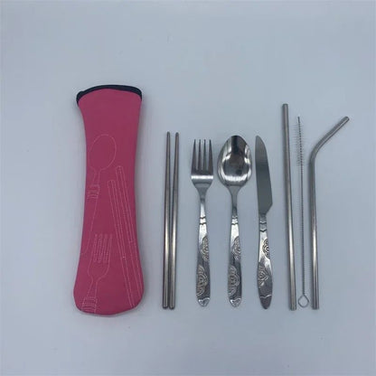 7/3 Peças Conjunto de Talheres de Aço Inoxidável para Acampamento ao Ar Livre Faca de Bife Garfo Colher para Comida Ocidental Bolsa de Pano Criativa Portátil