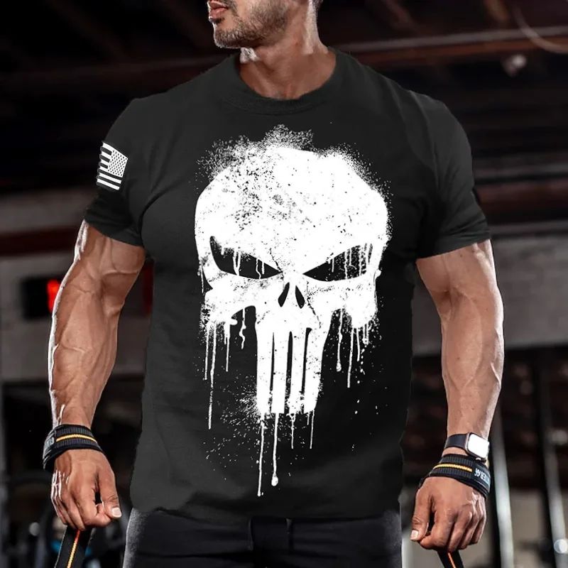 Summer Men's 3D Printed Military Patriotic Skeleton Drop T-shirt Fashion Oversized Crew Neck Sportswear Men's T-shirt