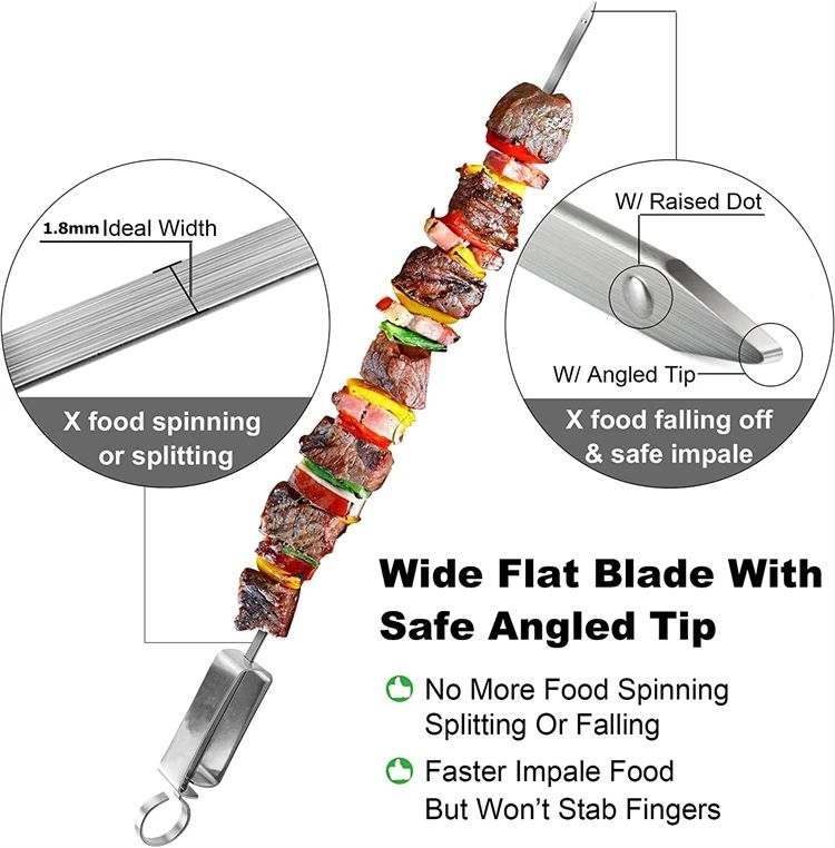 Stainless Steel BBQ Skewers – Flat Metal Kebob Sticks for Grilling Meat Vegetables, with Quick Release Metal Sliding Handle