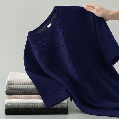 Korean Style Men Summer T-Shirt Man Short Sleeved Waffle Solid T-Shirt Color Casual Tee Round Men's Round Neck Fashion Top