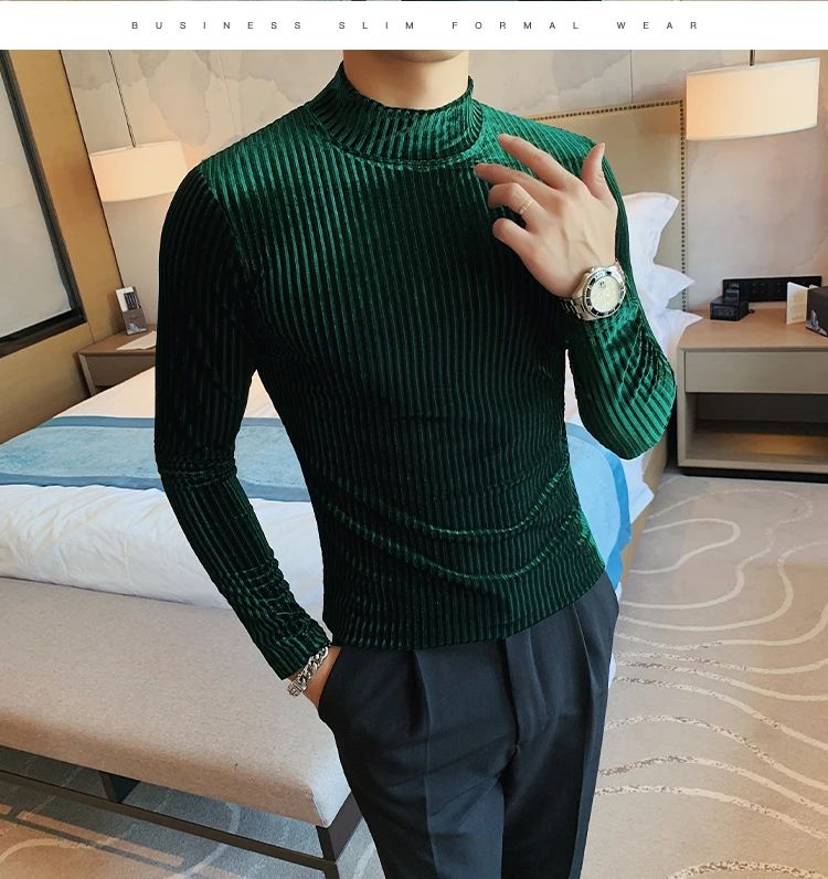 New Gold Velvet T Shirt Men Clothing Fashion Trend Male Luxury Prom Party Long-sleeved Striped Pullover Tops Homme