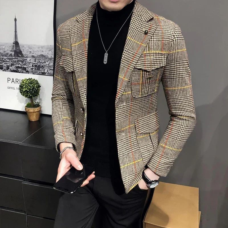 Spring plaid men's jacket British style wedding host business casual suit jacket men's formal  mens blazer Slim fit jacket