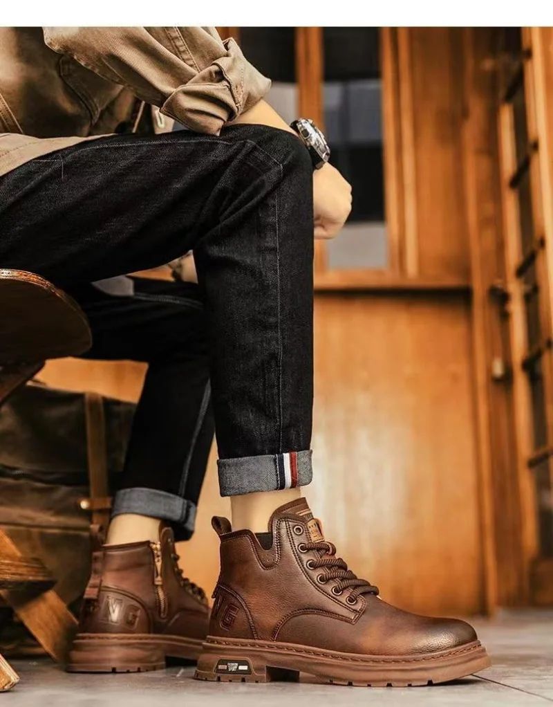 Men's Boots Fashion Motorcycle Boots High-top Casual Leather Boots for Men Plush Warm Winter Boot Non Slip Platform Boot Botas