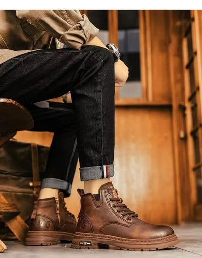 Men's Boots Fashion Motorcycle Boots High-top Casual Leather Boots for Men Plush Warm Winter Boot Non Slip Platform Boot Botas