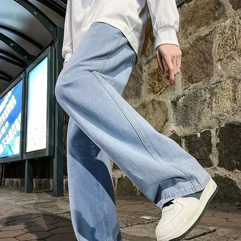 2025 Streetwear Loose Jeans Men Korean Style Fashion Loose Straight Wide Leg Pants Men's New Brand Clothing Black Light Blue
