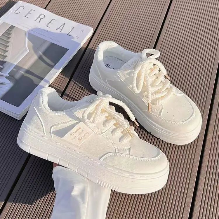 2024 New Women Leather Flat Shoes Autumn Fashion Breathable Vulcanized White Sports Lace Up Thick Soled Casual Shoes for Women
