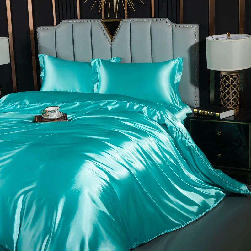 Solid Silk Bedding Set with Duvet Cover Fitted/Flat Bed Sheet Pillowcase Luxury Couple Bedsheet King Queen Double Twin Size