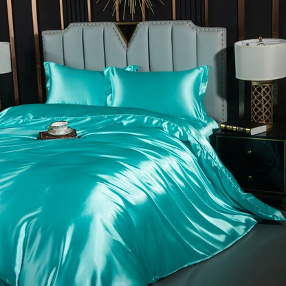 Solid Silk Bedding Set with Duvet Cover Fitted/Flat Bed Sheet Pillowcase Luxury Couple Bedsheet King Queen Double Twin Size