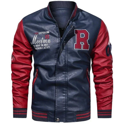 Men's American Baseball Collar Pilot Casual PU Spring and Autumn Leather Jacket Motorcycle Suit Leather Jacket Color Blocking