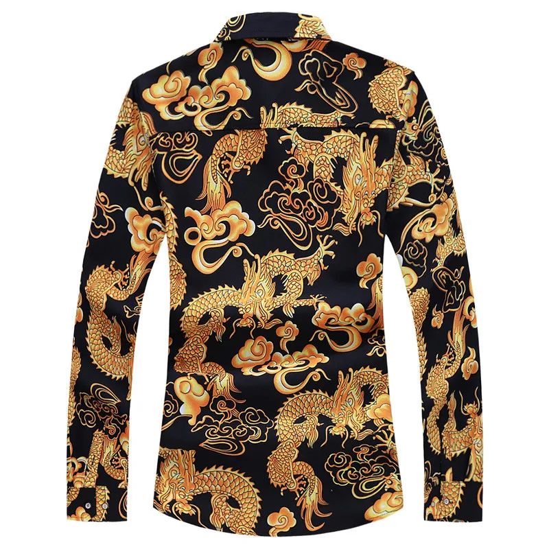 Thin Black Men's Long-sleeved Printed Shirt, Chinese Dragon Print Decoration, Blue Single-breasted Lapel Shirts,Asian Size M-7XL