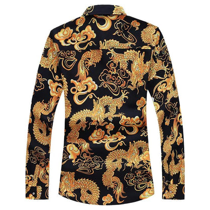 Thin Black Men's Long-sleeved Printed Shirt, Chinese Dragon Print Decoration, Blue Single-breasted Lapel Shirts,Asian Size M-7XL