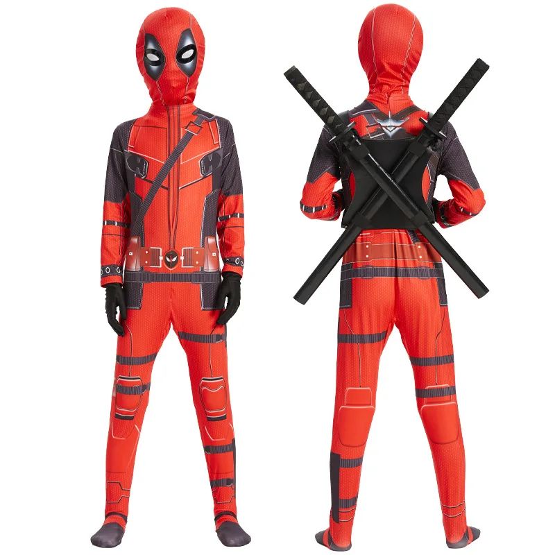 Adult Kids Deadpool Cosplay Costume Bodysuit Outfits Superhero Jumpsuit Boys Movie Character Dress Up Mask Costumes With Swords