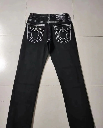 Vintage Y2k Buddha Embroidered Jeans for Men Clothing Casual High Street Straight and Versatile Men Jeans Baggy Men Pants