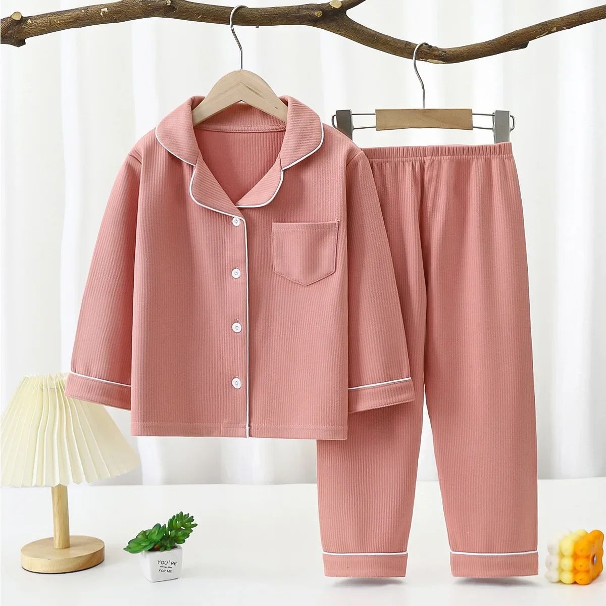 New 2025 Boys Girls Autumn Cotton Pajamas Home Wear Kids Casual Solid Long Sleeve Lapel Pyjamas Teen Sleepwear Clothing Sets