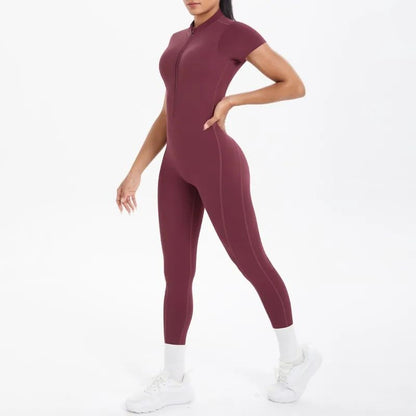 New Women's Yoga Jumpsuit Front Zipper Tight Back Hollow Out Short Sleeve-pants Activewear for Fitness Running Gym Workout