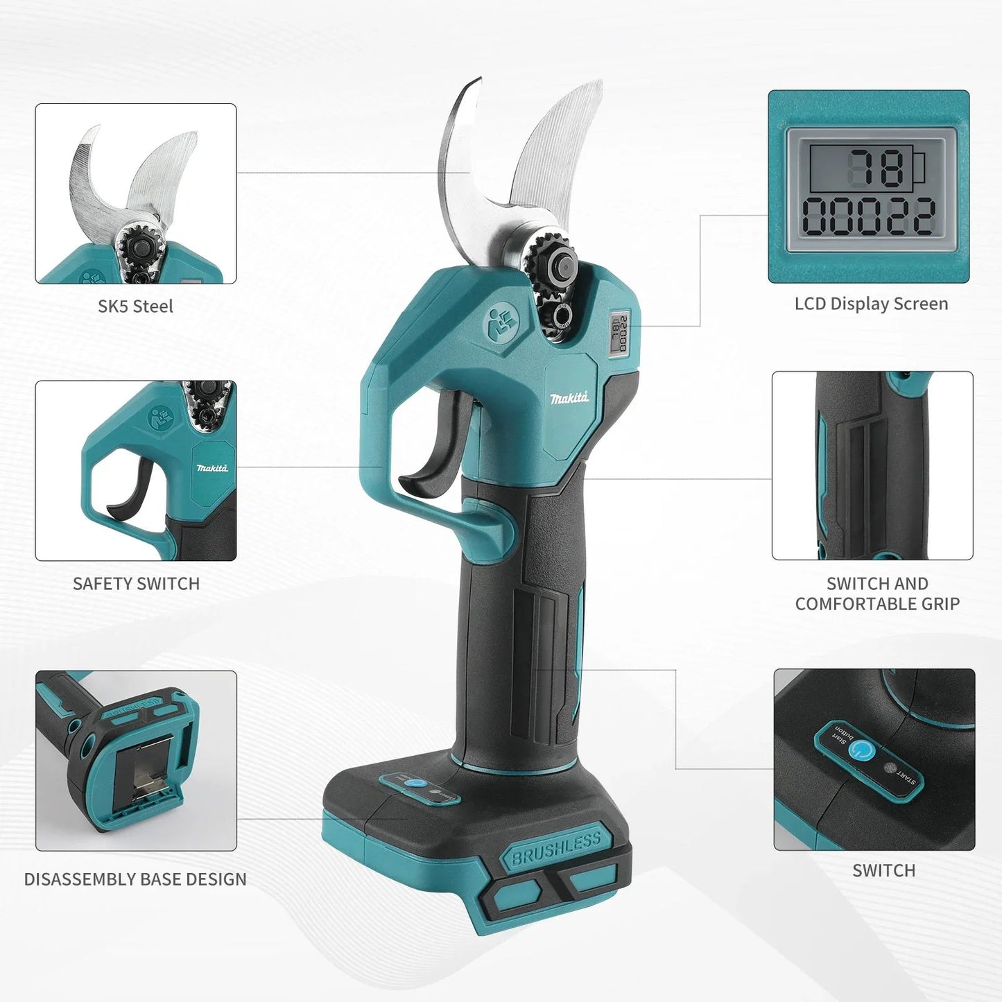 Tesoura Elétrica a Bateria Makita 18V para Poda de Galhos e Folhas em Árvores Frutíferas de Jardim, Podador de Galhos Recarregável