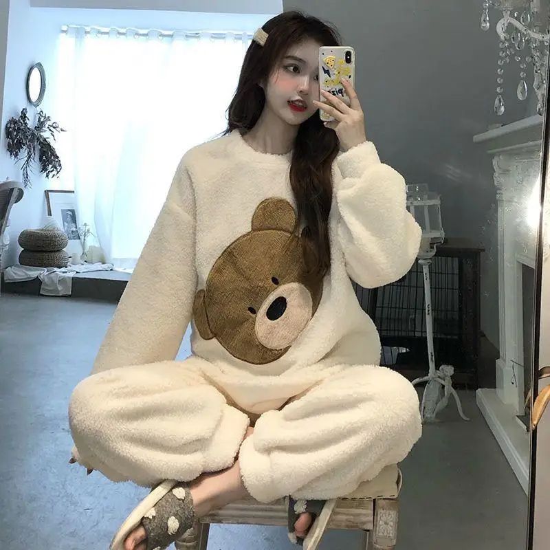 Thickened Warm Women Winter Two Pieces Set Flannel Homewear Pajamas O-Neck Loose Cute Cartoon Bear Ladies Sleepwear Loungewear