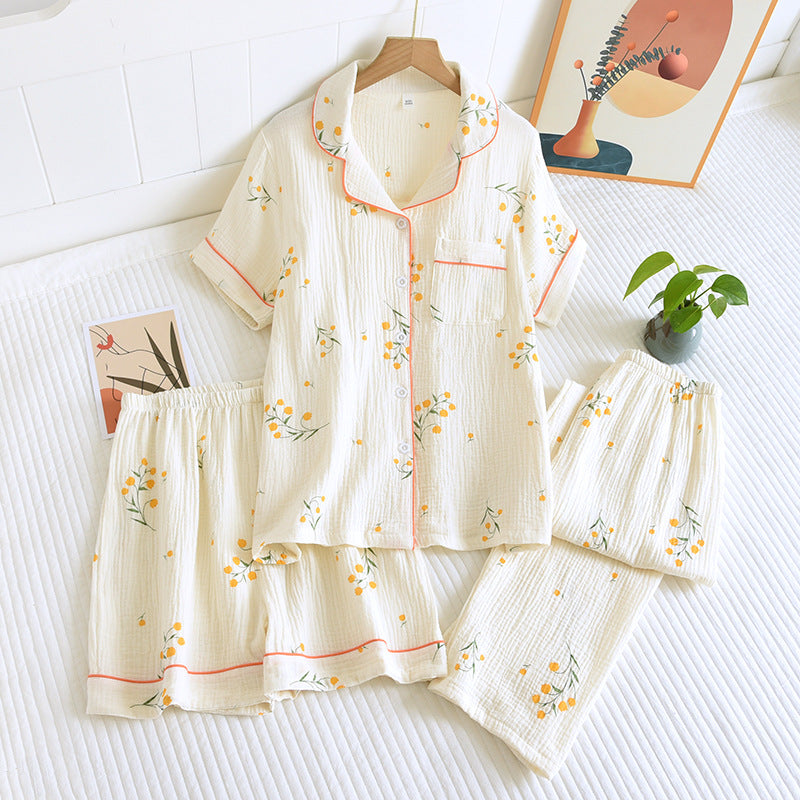 New summer women's cotton crepe three-piece short sleeve + shorts + trousers large size simple flower pajamas home service suit