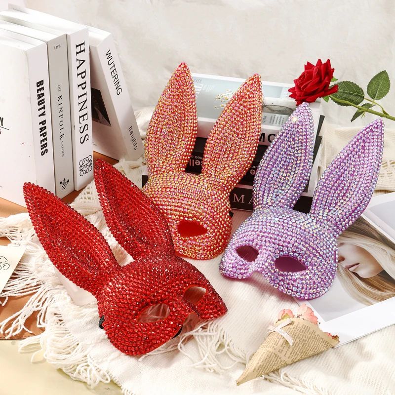 Full Diamond Animal Party Makeup Ball Shining Rabbit Mask for women Drama Performance Animal Costume Shooting Props, Halloween