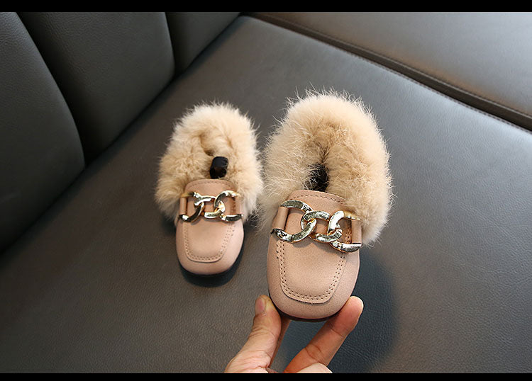 Kids Fur Shoes Children Velvet Shoes Baby Girls Warm Flats Toddler Black Brand Shoes Princess Loafer Chain Moccasin For Winter