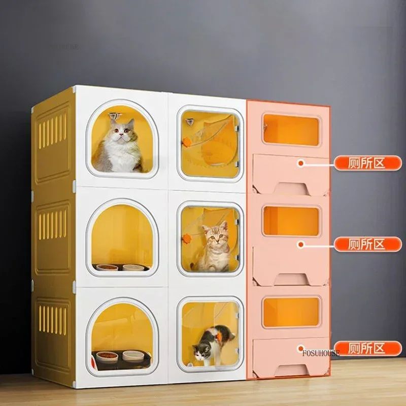 Gaiolas de luxo para gatos de três camadas com partição, gaiola de criação, espaço grande para animais de estimação, casa de gaiola para gatos com caixa de areia para gatos N