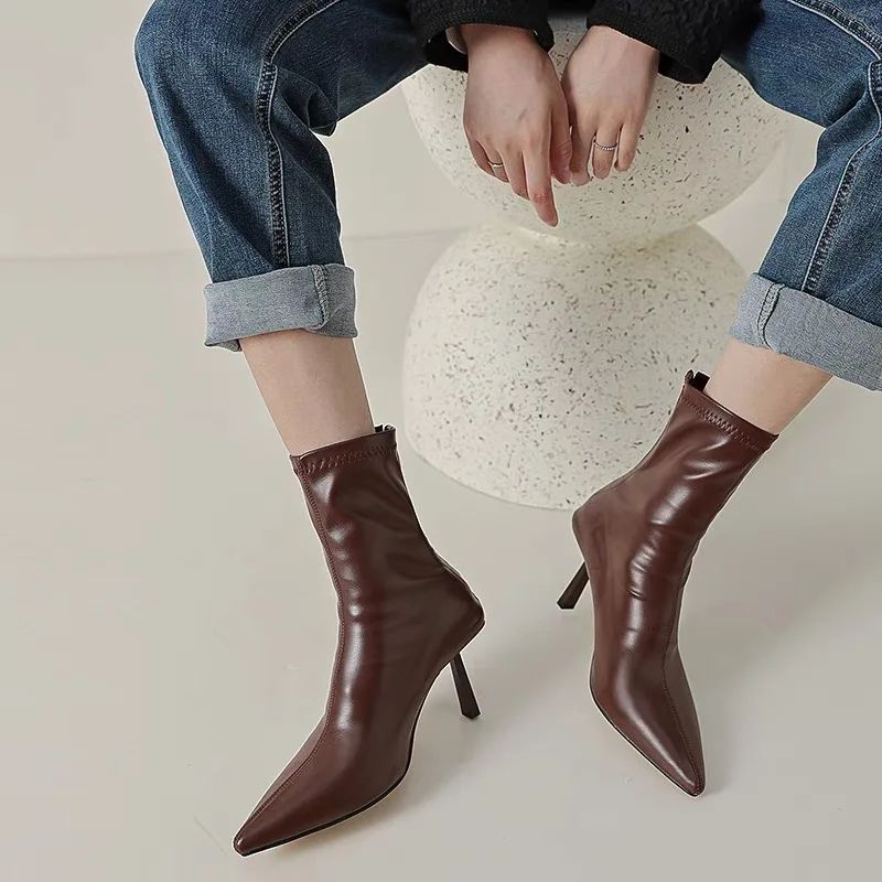 2024 New Autumn Winter Pointed Toe Women Ankle Boots Fashion Zipper Shoes Thin High Heel Women's Morder Short Booties D214