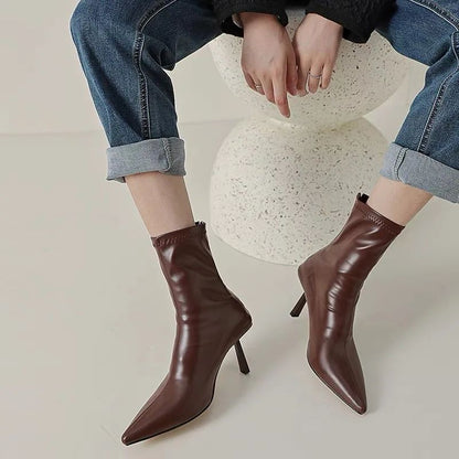 2024 New Autumn Winter Pointed Toe Women Ankle Boots Fashion Zipper Shoes Thin High Heel Women's Morder Short Booties D214