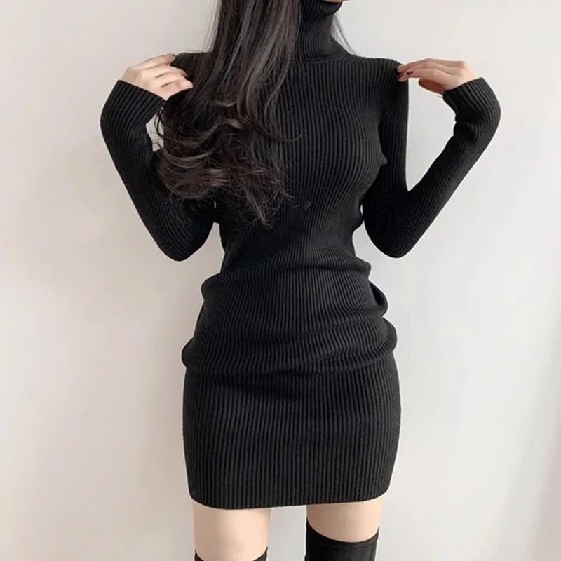 Fanan 2024 New Turtleneck Sweater Dresses Lady Sexy Slim Streetwear Bodycon Mini Dress Women Thick Basic Bottoming Dress Woman
