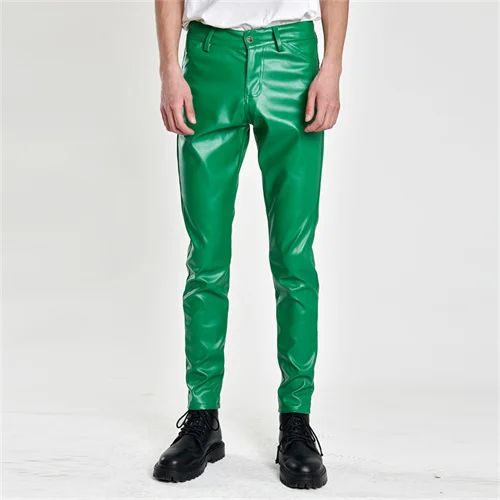 New Men Solid Color Slim Fit Faux Leather Pants Green / White / Black Homme Bar KTV High Street Biker Trousers