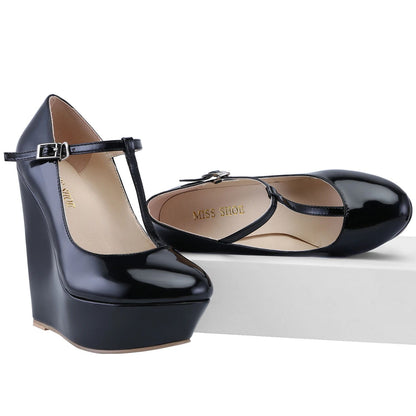 Women Pumps 2025 New Autumn Winter 14cm Round Toes Platform Wedge High Heels T-Strap Gladiator Ladies Dress Party Wedding Shoes