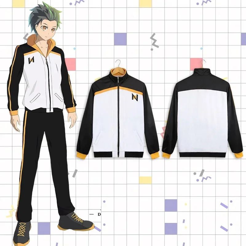 Subaru Natsuki Cosplay Costume Sportswear Re:Zero kara Hajimeru Isekai Seikatsu Jacket Pants Suit Black White Tracksuit Uniform