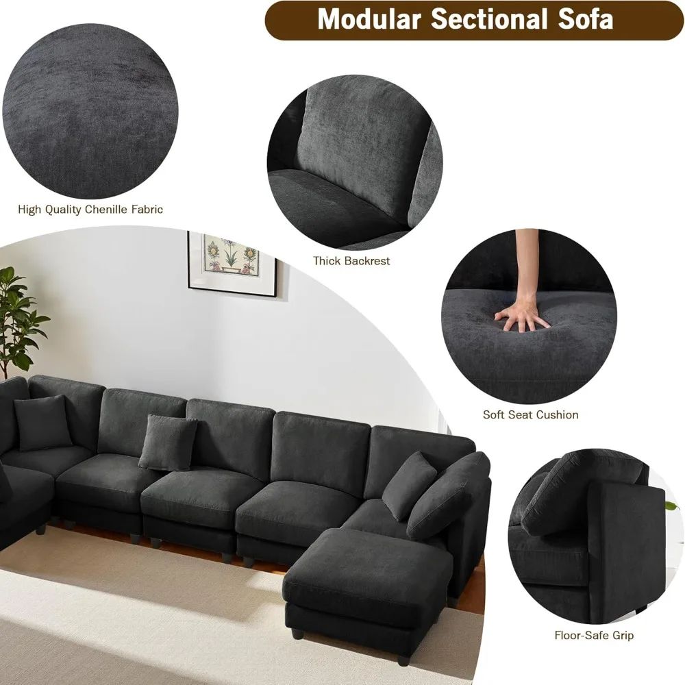 Luxury Oversized Chenille Sofa – 7-Seat Modular Sectional Cloud Couch with Movable Ottoman, Convertible for Living Room