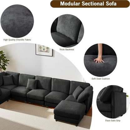 Luxury Oversized Chenille Sofa – 7-Seat Modular Sectional Cloud Couch with Movable Ottoman, Convertible for Living Room