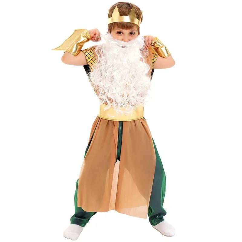 2025 New Greek Mythology God King a Thick White Beard of The Sea Halloween Costume Poseidon Costume for Boys