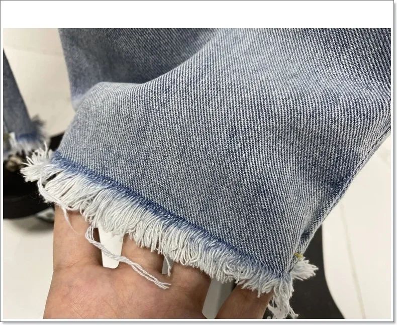 Women Denim Tassel Wide Leg Pants Jeans Washing Loose Fit Mid Waist Pockets Zipper Fly Solid Color Ankle Length Pants Basics