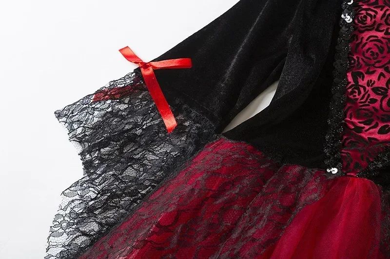 Kids Girls Cosplay Gothic Dark Ghost Bride Witch Vampire Halloween Costume Red Black Tutu Dress Wig Veil Kits Trick or Treat