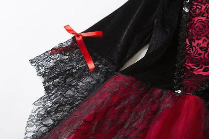 Kids Girls Cosplay Gothic Dark Ghost Bride Witch Vampire Halloween Costume Red Black Tutu Dress Wig Veil Kits Trick or Treat