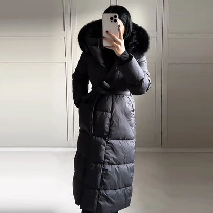 Casual Lace Up Women's Thicken Cotton Jacket Hooded Faux Fur Collar Zipper Long Coats Lady 2025 Winter Chic Female Street Coat